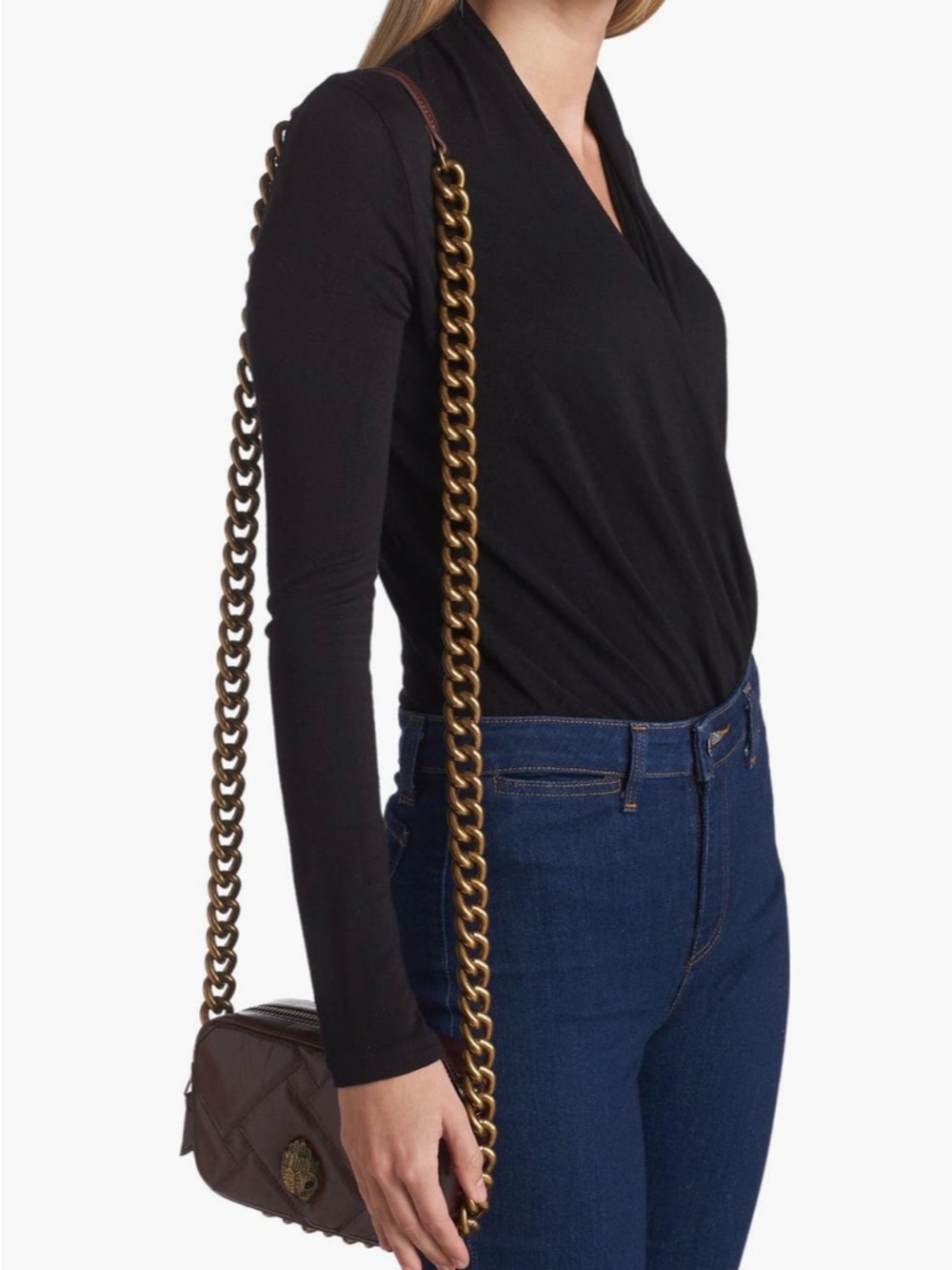 Kurt Geiger Quilted BrownRed Crossbody with Gold Chain Strap